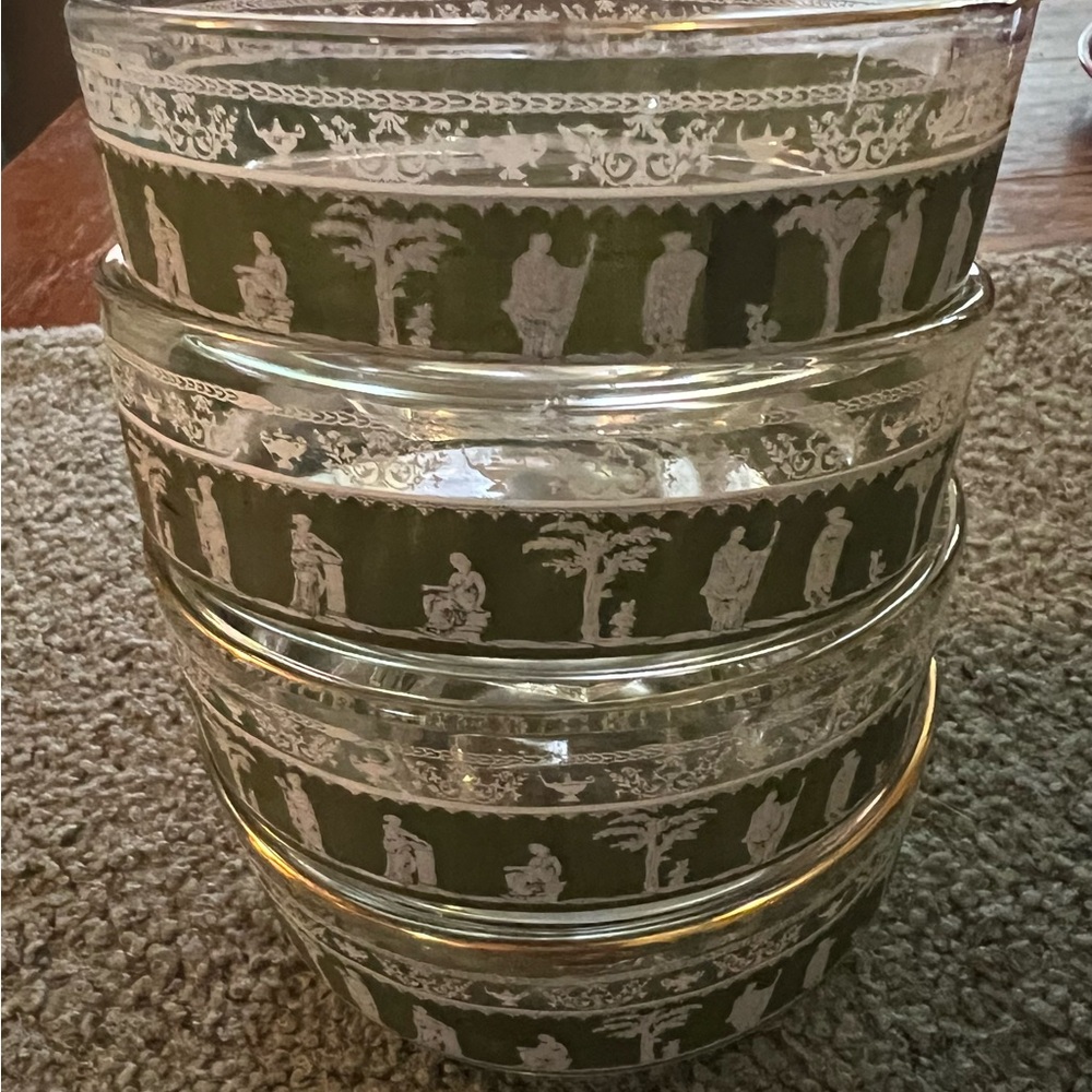 Vintage Greek Jeannette Glass Set Lot 4 Green and White Bowls EUC